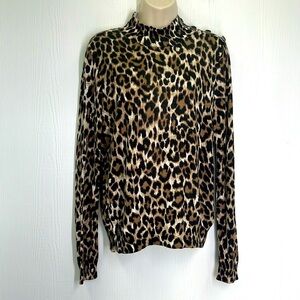 J Crew - Cheetah Animal Print Mock Neck Button Shoulder Lightweight Sweater Med